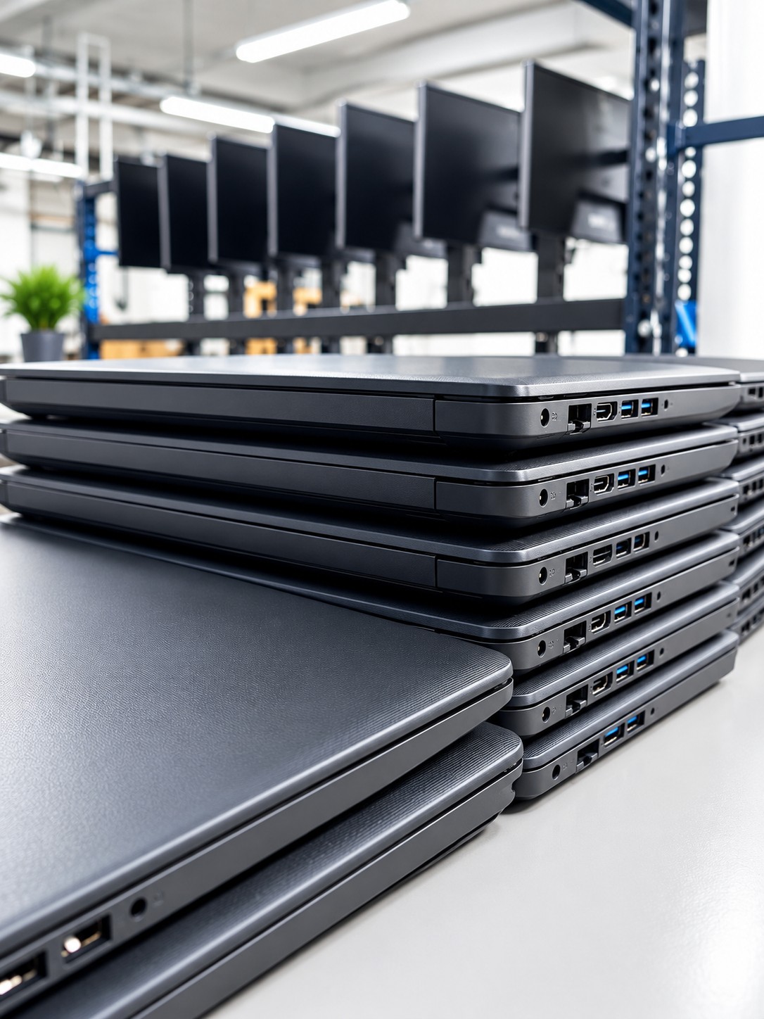 Laptops stacked in a technology workspace